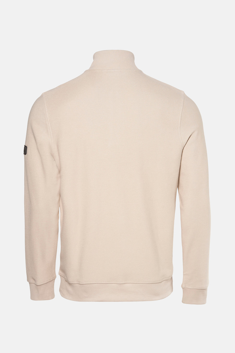 Beige sweater met opstaande kraag van BARBOUR, achteraanzicht, met een geribde kraag en lange mouwen.