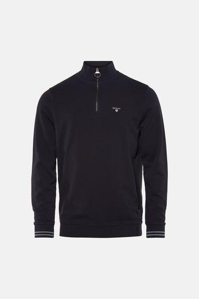 Navy blue half-zip sweatshirt by Barbour with ribbed cuffs and chest logo, front view