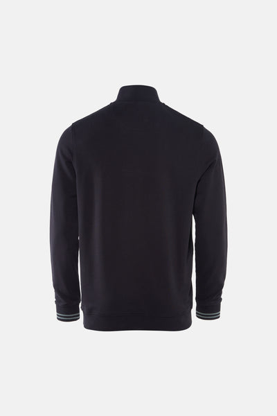 Dark blue turtleneck sweatshirt with ribbed cuffs and hem, back view, solid color, soft texture