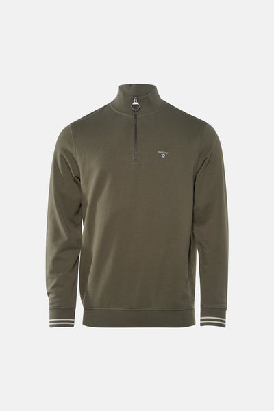 Olive green half-zip sweatshirt by Barbour with ribbed cuffs and hem, front logo patch, front view