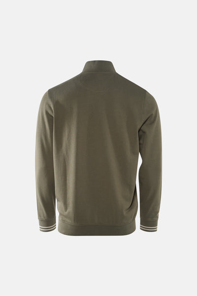 Olive green high-neck sweatshirt with ribbed cuffs and hem, back view, textured knit fabric