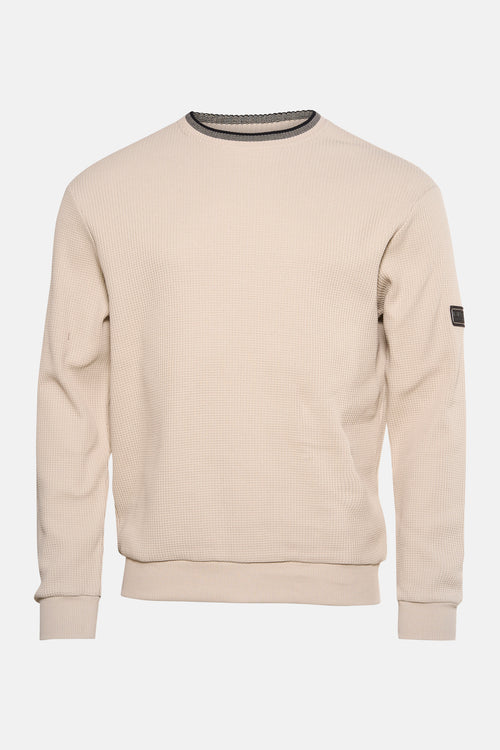Ecru sweatshirt van BARBOUR, wafeltextuur, geribbelde details aan de zoom en manchetten, achterzijde.