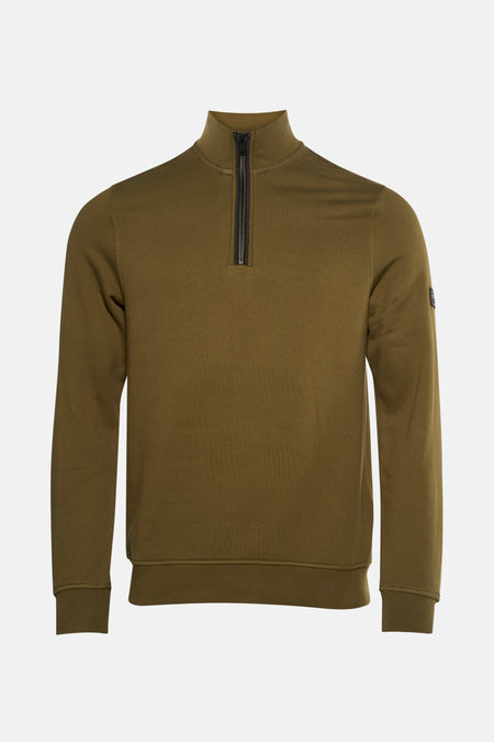 Sweat kaki col montant de Barbour, avec une fermeture éclair courte à l'avant.