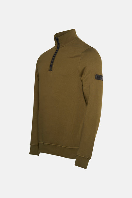 Sweat-shirt kaki à col montant par Barbour International, avec fermeture éclair partielle sur le devant et logo sur la manche.