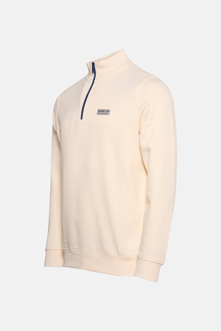 Ecru sweater met opstaande kraag van Barbour International, met ritssluiting tot halverwege en logo op de borst.