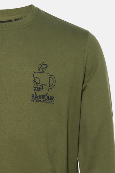 Groene rondehals sweatshirt van BARBOUR International, met een schedel- en koffiekopmotief op de voorkant.