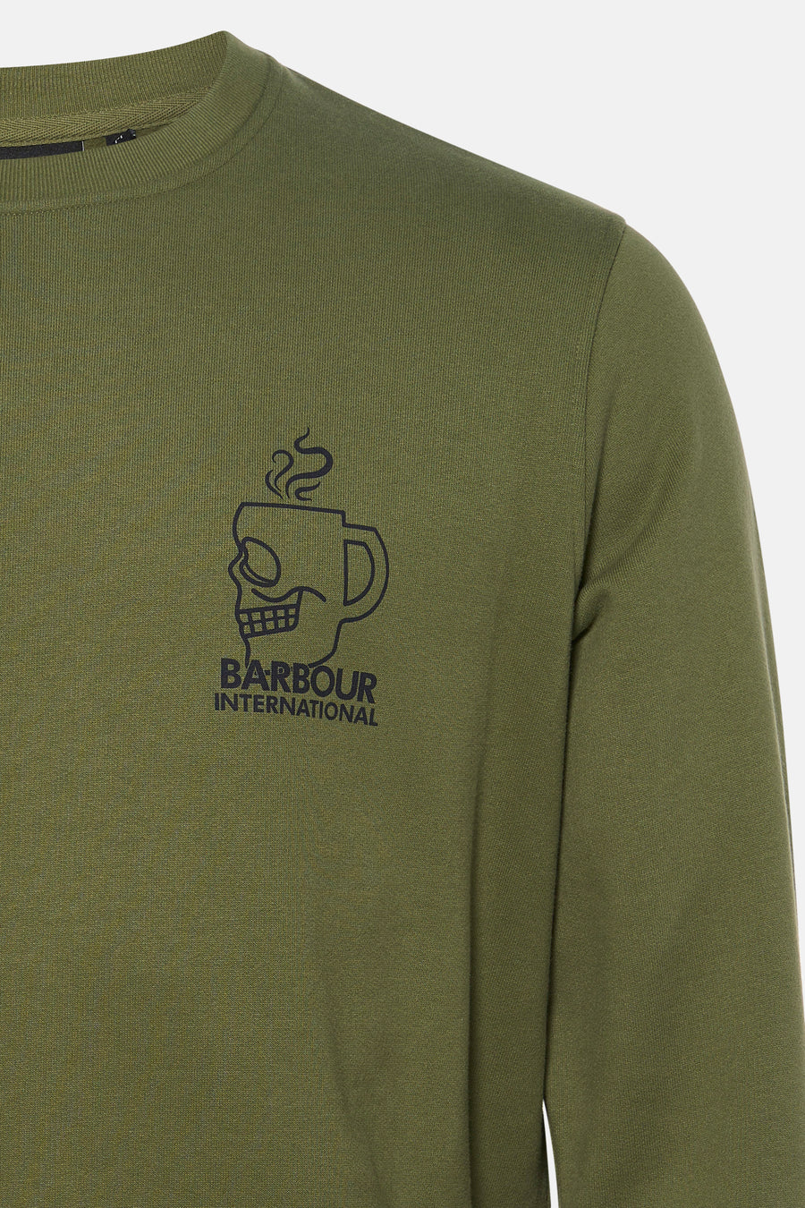 Groene rondehals sweatshirt van BARBOUR International, met een schedel- en koffiekopmotief op de voorkant.