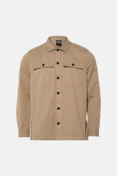 Beige long-sleeve shirt by Barbour International with two chest pockets and black buttons, front view