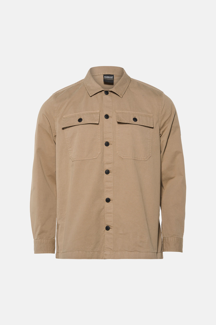Beige long-sleeve shirt by Barbour International with two chest pockets and black buttons, front view
