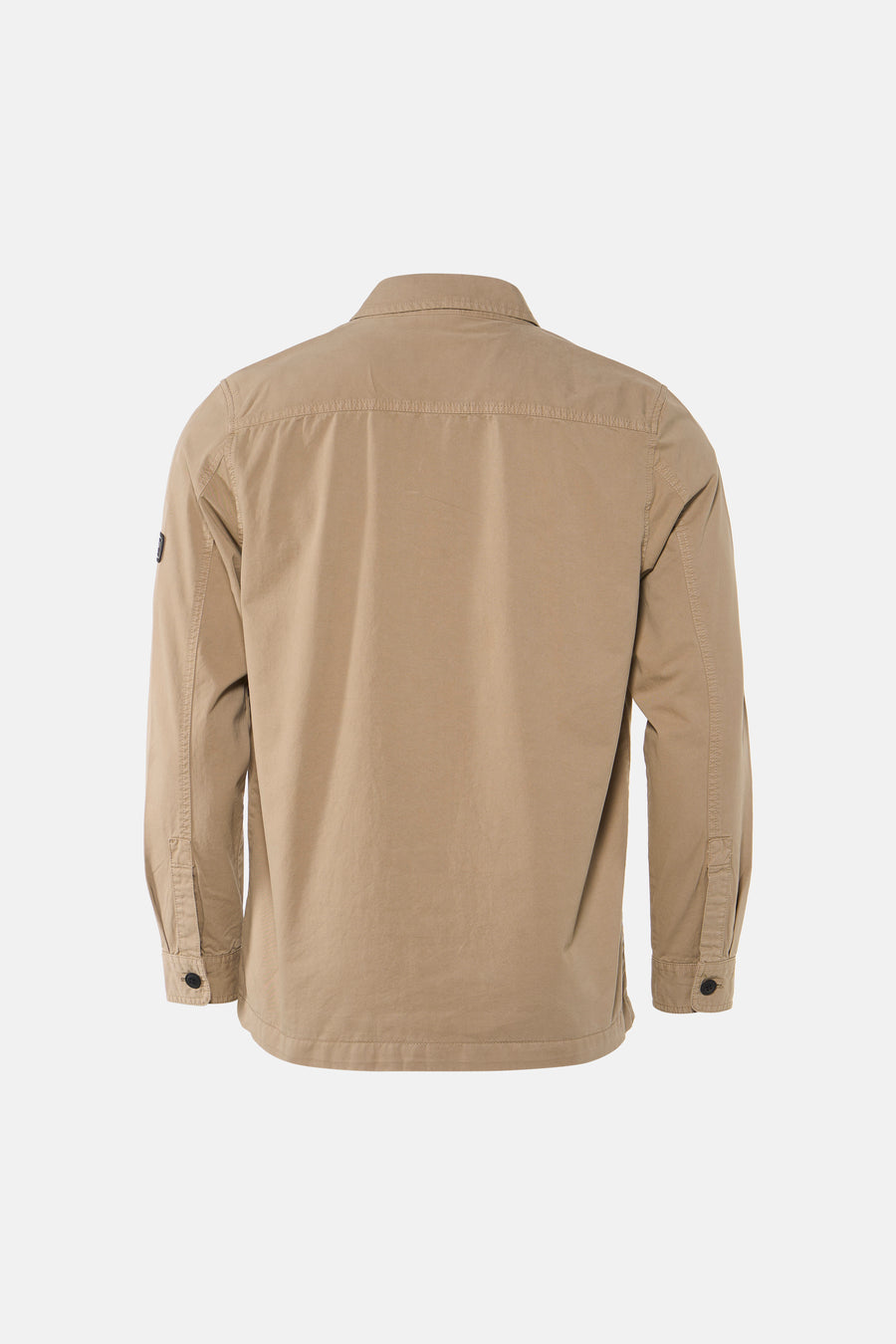 Beige long-sleeve shirt back view with buttoned cuffs and small patch on sleeve, plain cotton texture