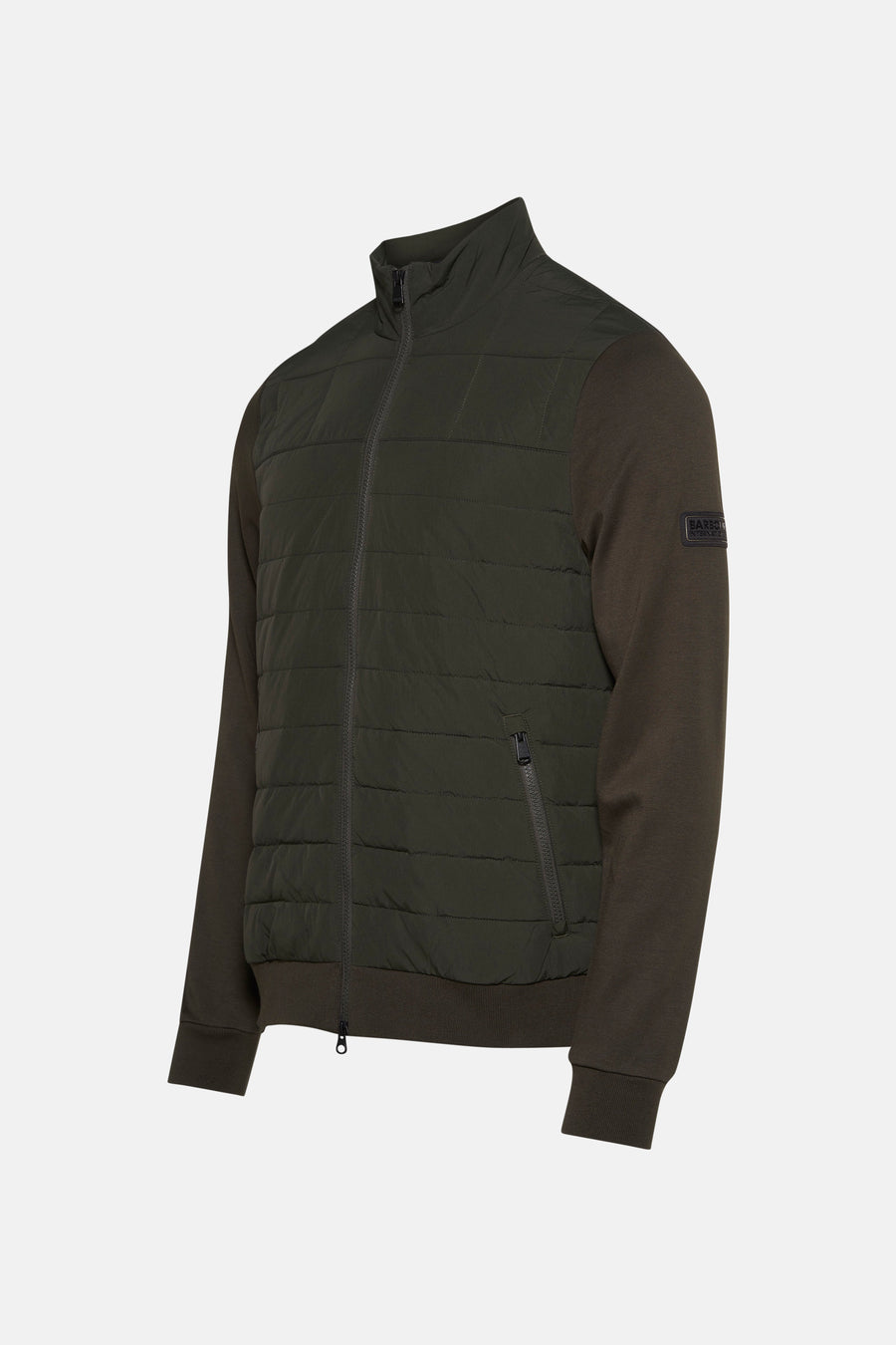 Korte kaki jas van BARBOUR, met lange bruine mouwen en een ritssluiting aan de voorkant.