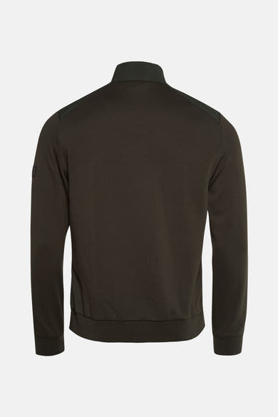Korte kaki jas van Barbour, met opstaande kraag en schouderstukken.