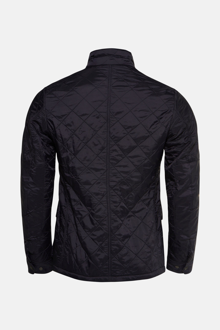 Donkerblauwe regenjas van Barbour, ruitpatroon, achterzicht.