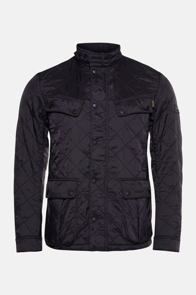 Donkerblauwe regenjas van BARBOUR, ruitpatroon gewatteerd, met knoopzakken.