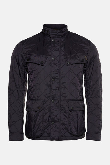 Donkerblauwe regenjas van BARBOUR, ruitpatroon gewatteerd, met knoopzakken.