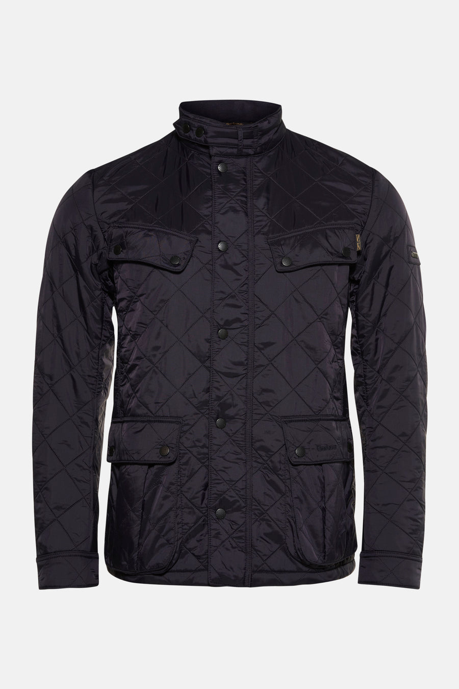 Donkerblauwe regenjas van BARBOUR, ruitpatroon gewatteerd, met knoopzakken.