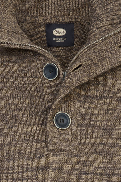 Ecru marled knit O-neck pullover by Petrol Industries, featuring ribbed collar and two-button placket, close-up front view