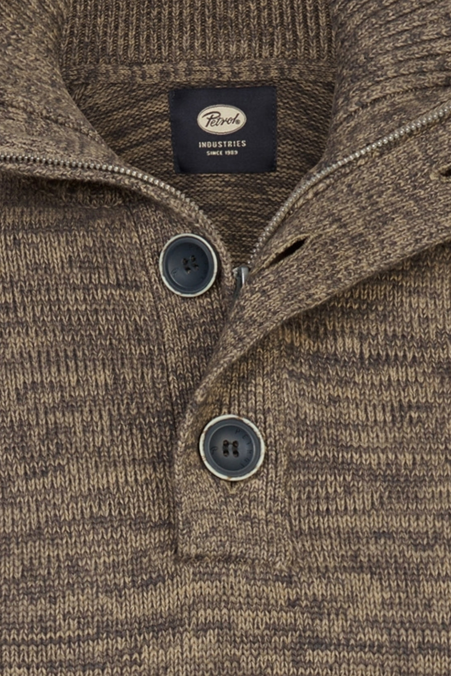 Ecru marled knit O-neck pullover by Petrol Industries, featuring ribbed collar and two-button placket, close-up front view