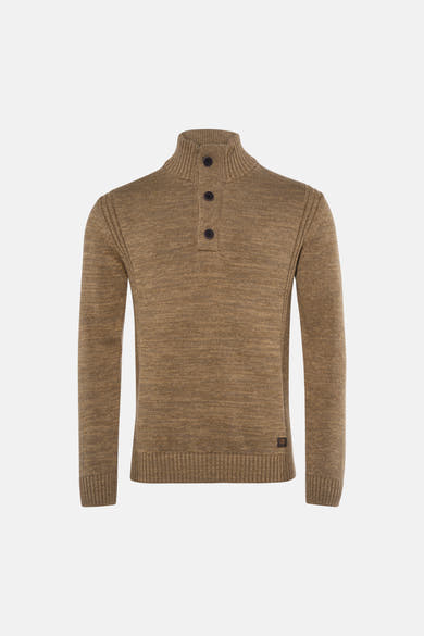 Ecru ribbed knit O-neck sweater with three-button placket and ribbed cuffs, front view