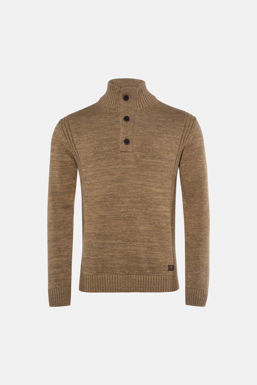 Ecru ribbed knit O-neck sweater with three-button placket and ribbed cuffs, front view