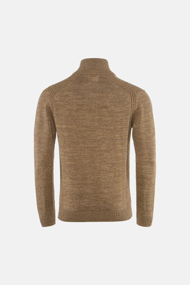 Ecru ribbed knit crewneck sweater back view, featuring textured shoulders and ribbed cuffs and hem
