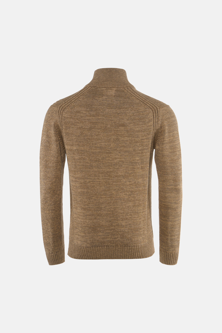 Ecru ribbed knit crewneck sweater back view, featuring textured shoulders and ribbed cuffs and hem