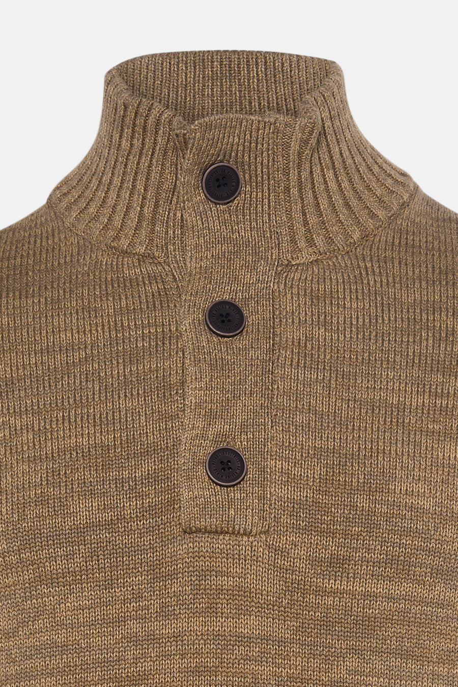 Ecru ribbed knit turtleneck sweater with dark brown buttons, close-up front view
