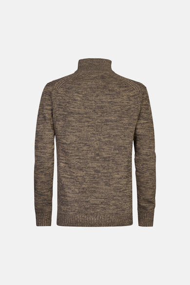 Ecru marled knit O-neck sweater back view, ribbed cuffs and hem, textured fabric