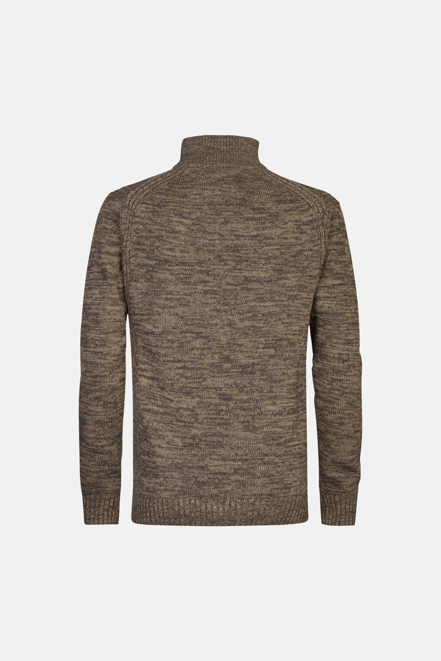Ecru marled knit O-neck sweater back view, ribbed cuffs and hem, textured fabric