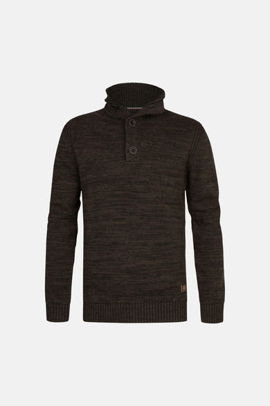Brown marled knit O-neck sweater with ribbed cuffs and hem, featuring two-button placket and stand-up collar, front view