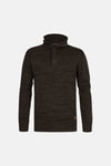 Brown marled knit O-neck sweater with ribbed cuffs and hem, featuring two-button placket and stand-up collar, front view