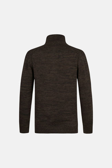 Brown O-neck sweater with ribbed cuffs and hem, back view, marled knit texture