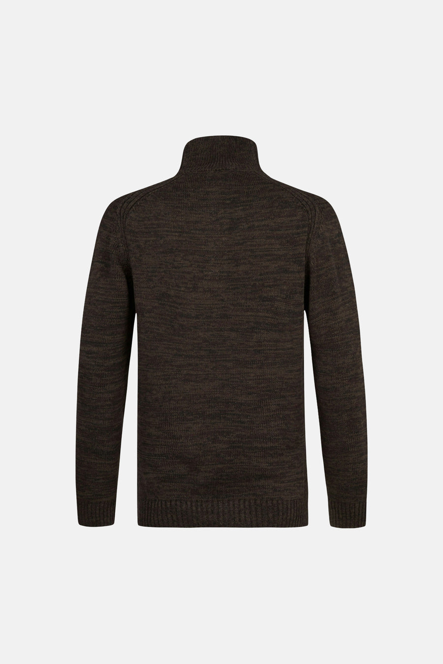 Brown O-neck sweater with ribbed cuffs and hem, back view, marled knit texture