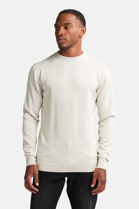 Ecru ronde hals trui van Petrol Industries, gedragen met een zwarte broek en witte sneakers, achtergezicht.