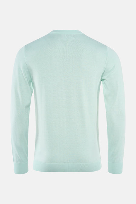 Groene trui met ronde hals van Petrol Industries, in fijne breiwerk, van achteren getoond.