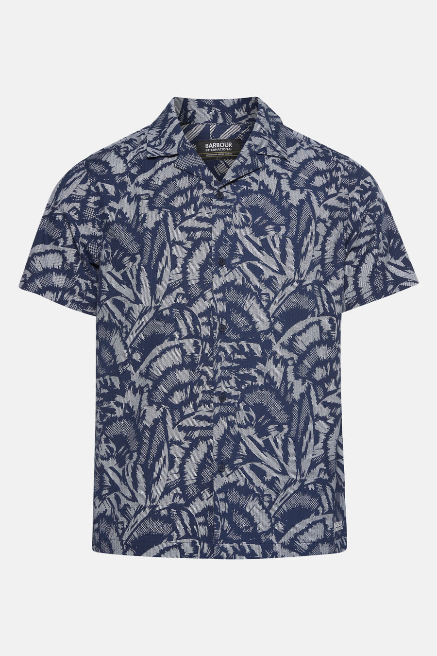 Chemise à manches courtes bleue de BARBOUR, avec un motif de feuilles texturées.