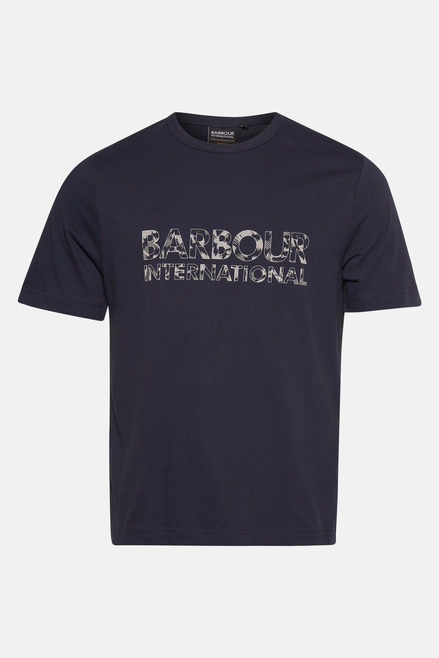 T-shirt à manches courtes bleu foncé de Barbour, avec un motif de lettrage décoratif sur le devant.
