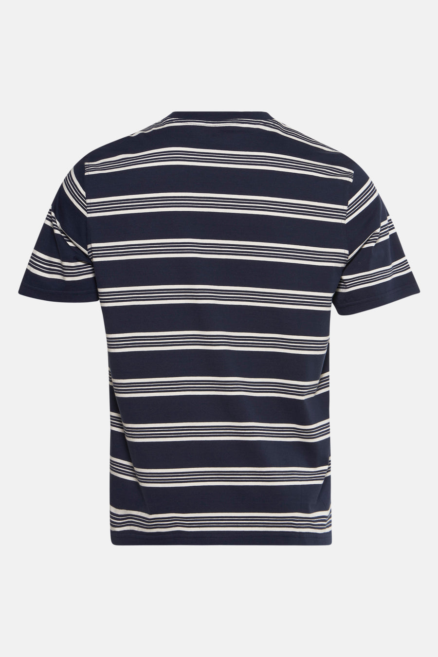 T-shirt à manches courtes bleu par Barbour, à rayures horizontales blanches, vue de dos.