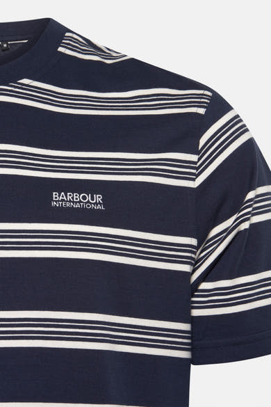 T-shirt à manches courtes bleu marine à rayures, de BARBOUR International, avec logo brodé sur le devant.