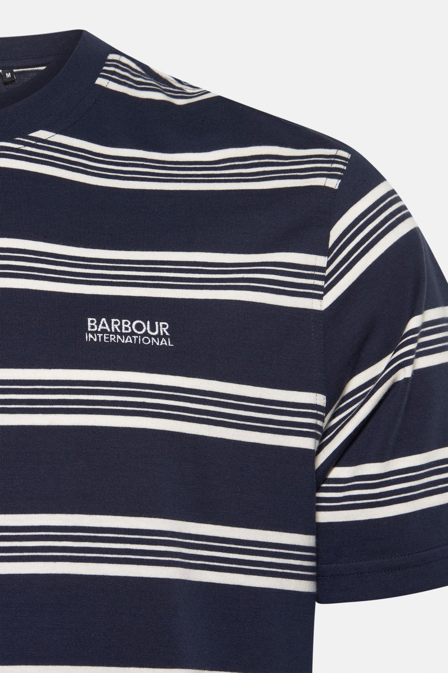 T-shirt à manches courtes bleu marine à rayures, de BARBOUR International, avec logo brodé sur le devant.
