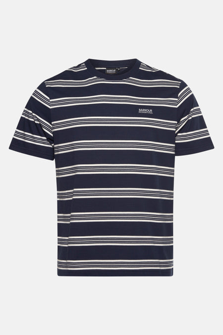 Barbour International blauw gestreept T-shirt met korte mouwen, met witte horizontale strepen.