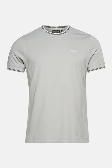 T-shirt gris à manches courtes de Barbour International, avec col et bords des manches rayés.