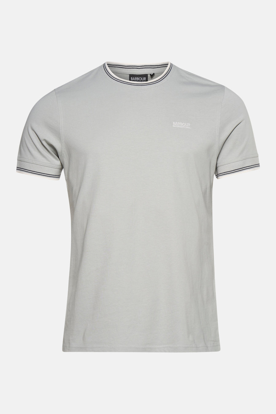 T-shirt gris à manches courtes de Barbour International, avec col et bords des manches rayés.