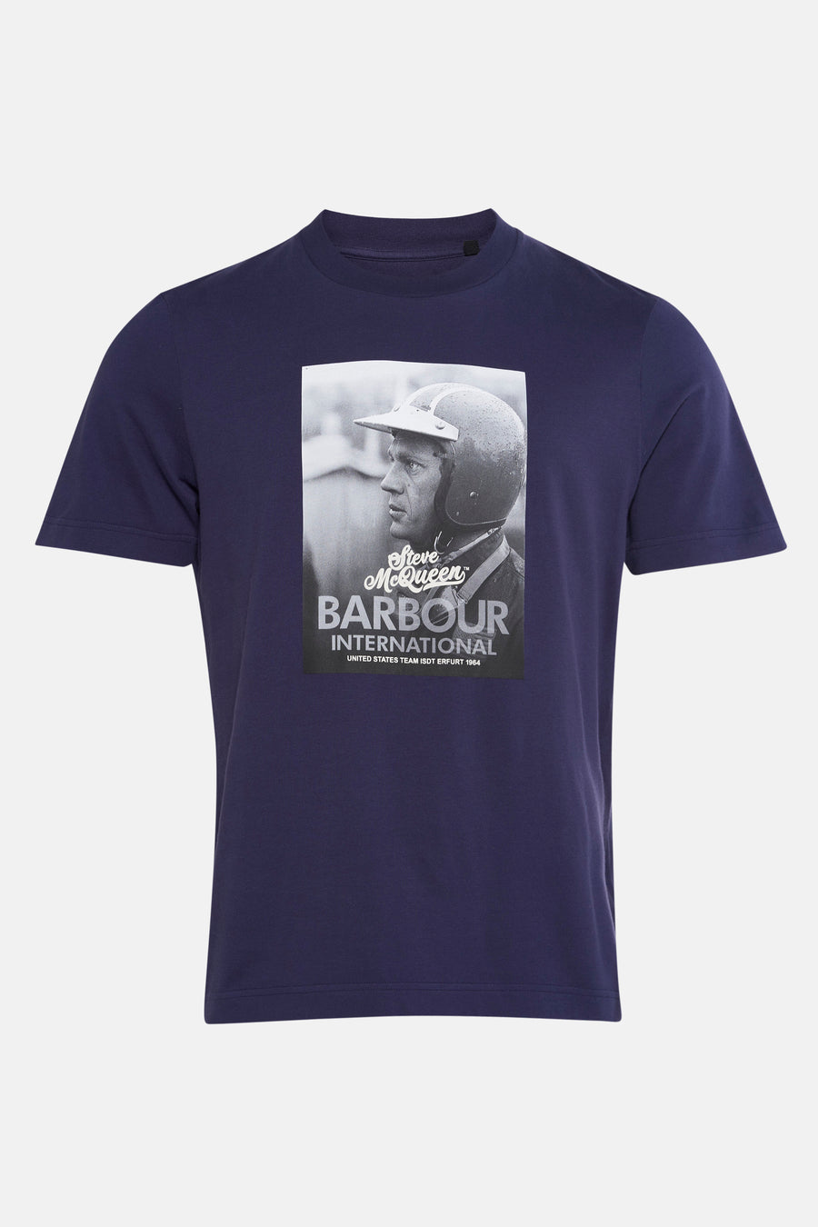 Blauwe T-shirt met korte mouwen van Barbour, met zwart-wit Steve McQueen-print.