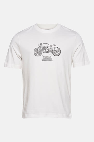 Wit T-shirt met korte mouwen van BARBOUR, met een zwarte print van een klassieke motorfiets.
