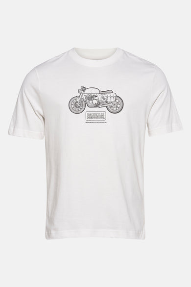 Wit T-shirt met korte mouwen van BARBOUR, met een zwarte print van een klassieke motorfiets.