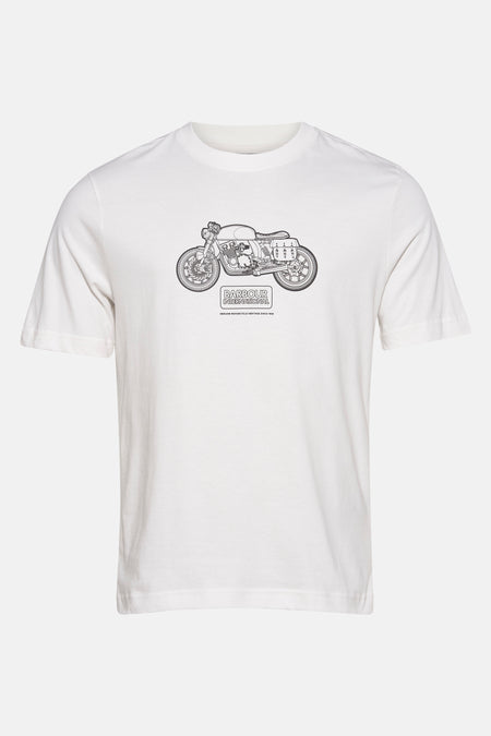 Wit T-shirt met korte mouwen van BARBOUR, met een zwarte print van een klassieke motorfiets.