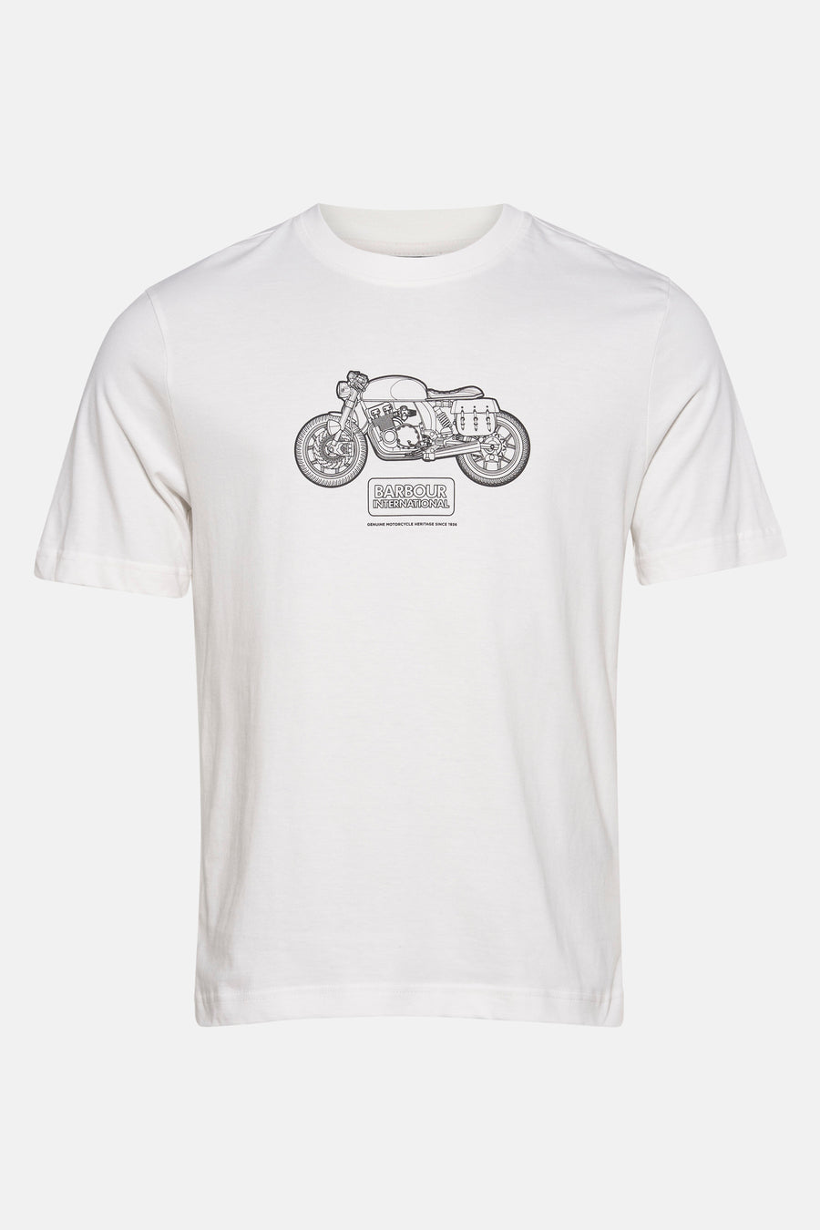 Wit T-shirt met korte mouwen van BARBOUR, met een zwarte print van een klassieke motorfiets.