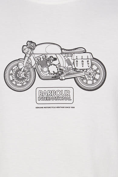 T-shirt blanc à manches courtes de BARBOUR, avec imprimé d'une moto classique en noir.