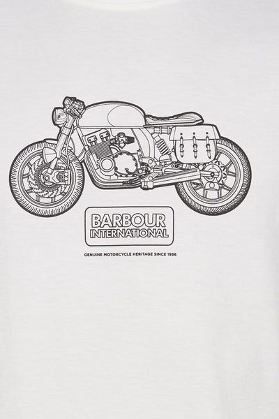 T-shirt blanc à manches courtes de BARBOUR, avec imprimé d'une moto classique en noir.